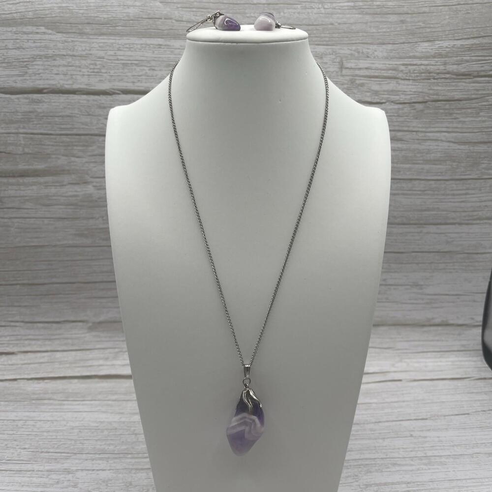 Vintage Polished Amethyst Natural Stone Point Necklace Pendant And Earings.